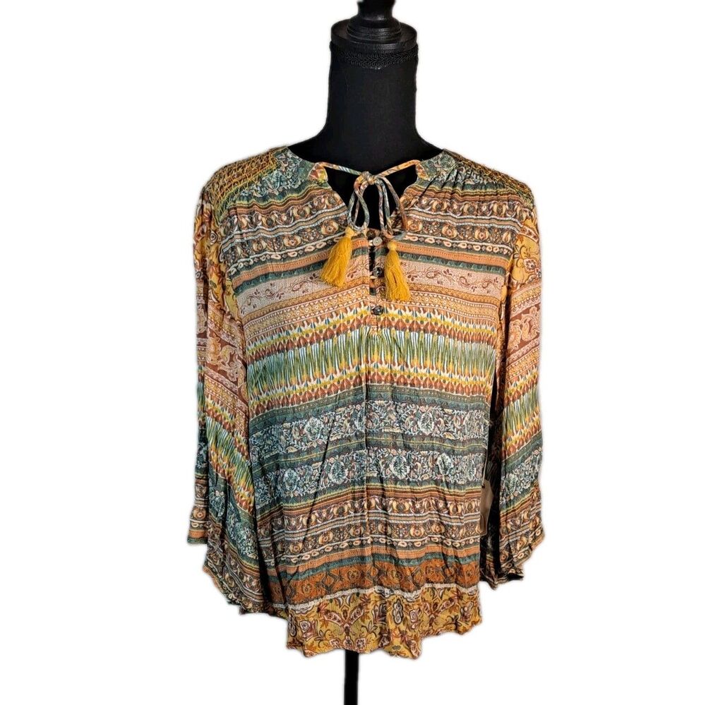 Farmers Market Women's Boho Blouse Size S Orange Multi Tassel Keyhole Hi-Low Hem